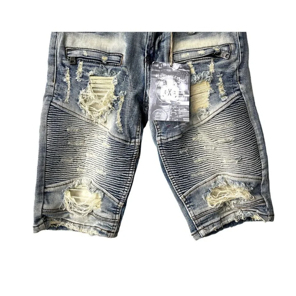 Smuggler's Moon Mens Sz 28 Biker Moto Distressed Ripped Light Wash‎ Jean Shorts